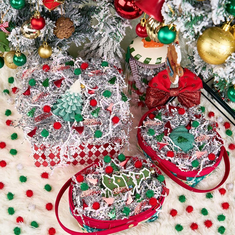 PAPER FAIR 1LB Christmas Crinkle Cut Paper Shred Filler Diamond White Metallic Silver Raffia Grass w/Green Red Pompoms, Xmas Candy Cane Gift Box Basket Wrap Craft Bedding Cushion - Image 5